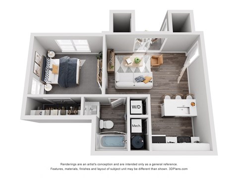 a stylized floor plan with a bedroom and a living room